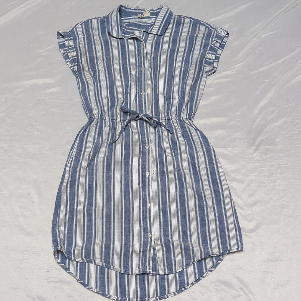 Japna 100% Cotton Button Front Cap Sleeve Casual Striped Shirt Dress W/ Pockets